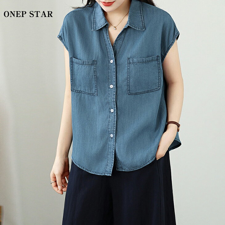 乐天商城 - 【6/27 50%OFF！1点購入クーポンで】ノースリーブデニムシャツブラウス レディース トップス ブラウス デニム シャツ ノースリーブ 襟付き 半袖 ポケット きれいめ 春 夏 20代 30代 40代 50代 ワンピスター