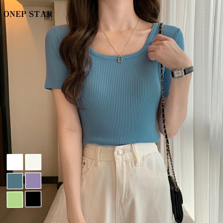 Rakuten - 【6/11 50%OFF！2点購入クーポンで】リブデザインサマーニットトップス レディース トップス ニット 半袖 リブ ラウンドネック きれいめ 通勤 大人カジュアル 春 夏 20代 30代 40代 50代 ワンピスター