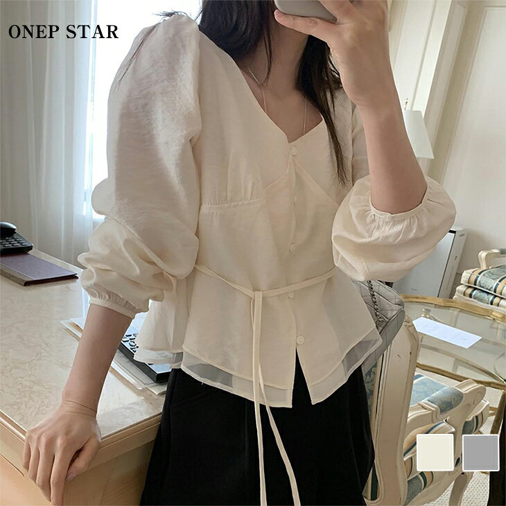 Rakuten - 【6/5　50%OFF！24H限定クーポンで】パフスリーブウエストリボンブラウス レディース トップス ブラウス 長袖 Vネック パフスリーブ ウエストリボン 大人フェミニン 春 秋 20代 30代 40代 50代 ワンピスター