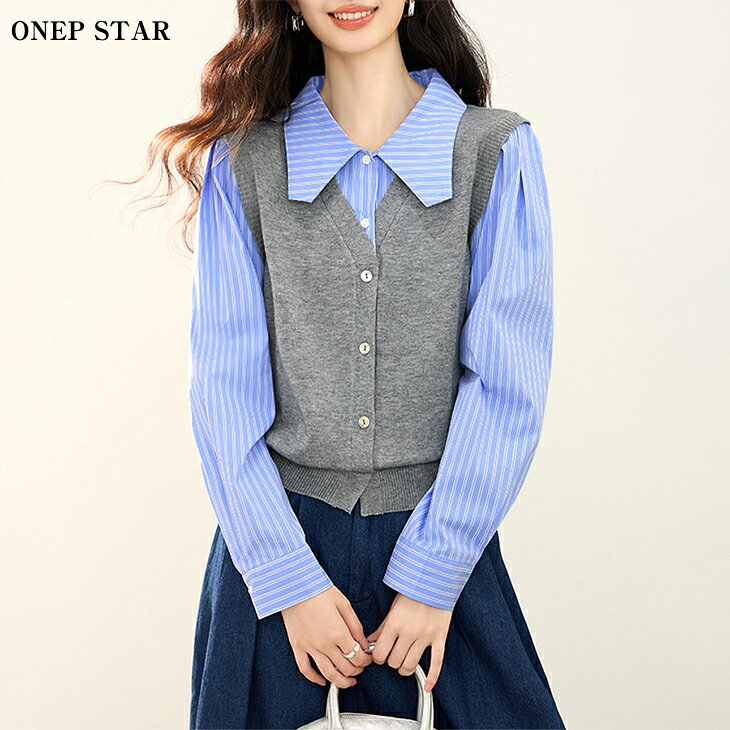 Rakuten - 【6/2 45%OFF！クーポンで】重ね着風デザイントップス レディース トップス シャツ ニットベスト セット レイヤード風 きれいめ 大人カジュアル 体型カバー 春 秋 20代 30代 40代 50代 ワンピスター