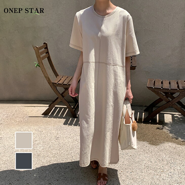 【9/11 50%OFF対象！2点購入クーポンで】ワンピース 半袖 クルーネック ストレートライン ロング丈 マキシ丈 ポケット付き カジュアル シンプル ナチュラル 楽ちん ゆったり 体型カバー 大人 春 夏 レディースファッション 20代 30代 40代 50代 60代 ワンピスターのサムネイル