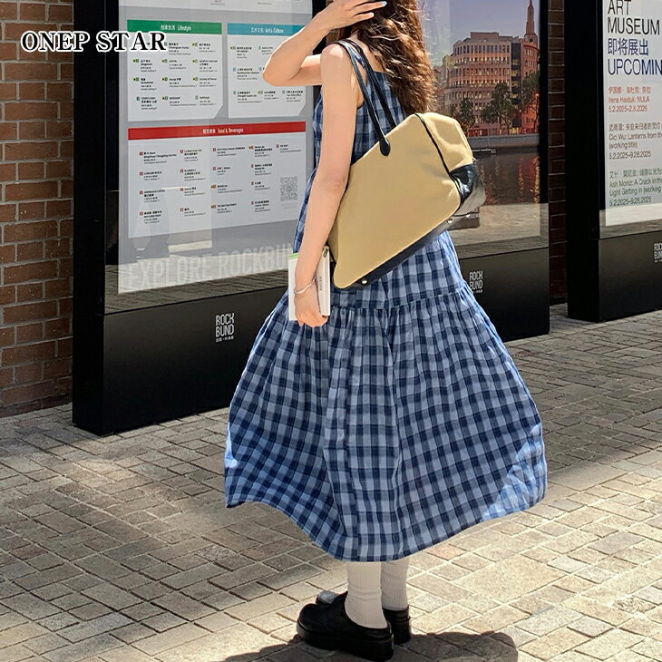 【9/21 55%OFF！3点購入クーポンで】ギンガムチェックワンピース キャミワンピ ノースリーブ Vネック ロング丈 レディースファッション 20代 30代 40代 50代 60代 ワンピスターのサムネイル