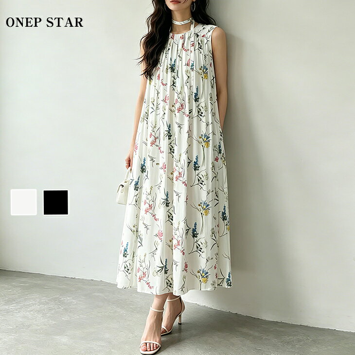 Rakuten - 【6/22 50%OFF！2点購入クーポンで】フラワープリントノースリーブワンピース レディース ワンピース ノースリーブ ロング丈 フラワープリント ウエストリボン 春 夏 20代 30代 40代 50代 ワンピスター
