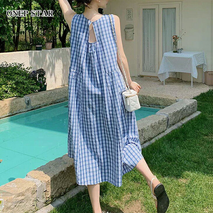 乐天商城 - 【6/28 50%OFF！1点購入クーポンで】ギンガムチェックノースリーブワンピース レディース ワンピース ロング ノースリーブ ギンガムチェック マキシ丈 フレア Aライン 春 夏 20代 30代 40代 50代 ワンピスター