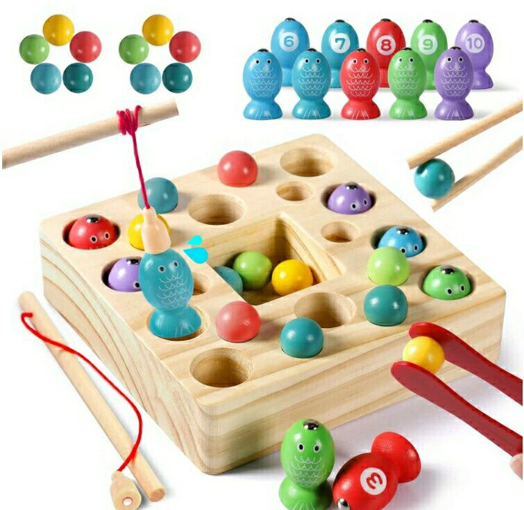 知育玩具 女の子 男の子 モンテッソーリ教具 3 in 1 魚釣りゲーム おもちゃ 子供に 玩具 マグネット 木製ビーズ プレゼント
