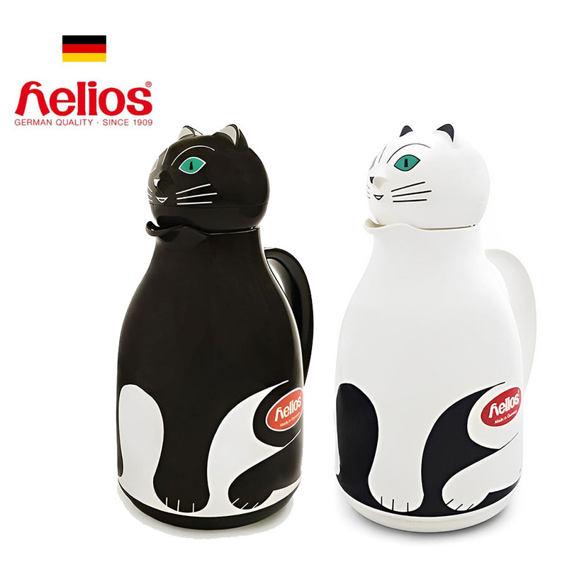 【20日全品 P5倍 】 サーモ キャット 魔法瓶 サーモポット 1L 全2色 ブラック ホワイト ヘリオス helios ドイツ製 卓上ポット 保温 ポット ガラス ネコ 北欧 インテリア サーモス 保冷 耐熱 おしゃれ かわいい キッチン用品 白湯 アニマル レトロ テーブルポット