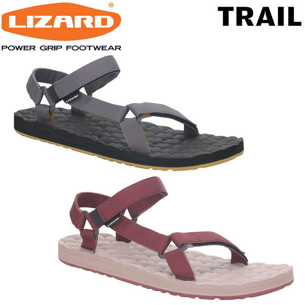 【LIZARD/TRAIL】 軽量で耐久性に優れ、水にも強いサンダル、 トレイルは履きやすさを追求したデザイン。 リサイクル・ポリエステルのストラップとベ ルクロ開閉式のTRAILは速乾性に優れ、調節も 簡単。軽量EVAを使用したWAYミッドソールは、 ユニークなバブルテクスチャーで足元のクッ ション性を高めている。 ■スポンジフットヘッド ■ラバーアウトソール ■あらゆる地形に対応 ■1日中履いても疲れにくい、ゼロドロップの 　軽量EVAミッドソール ■日常的な路面でグリップ力を発揮する 　滑り止めラバー ■調節可能なトリプル・ベルクロクロージャー 【正規代理店商品】 ●BRAND ： LIZARD(リザード) ●品 番 ： LIZARD-1200020 ●品 名 ： TRAIL ●COLOR ： (100) plain dark grey (220) plain amaranth red ●SIZE ： (100) EUR36 (23.0cm) EUR37 (23.5cm) EUR38 (24.0cm) EUR39 (24.5cm) EUR40 (25.0cm) EUR41 (25.5cm) EUR42 (26.0cm) EUR43 (26.5cm) EUR44 (27.0cm) EUR45 (27.5cm) EUR46 (28.0cm) EUR47 (28.5cm) (220) EUR36 (23.0cm) EUR37 (23.5cm) EUR38 (24.0cm) EUR39 (24.5cm) EUR40 (25.0cm) EUR41 (25.5cm) EUR42 (26.0cm) ※重量/220g(1足あたり) ●素 材 ： (アッパー) リサイクルポリエステル、ウェビング (ミドソール) 軽量EVA (アウトソール) ライザード・アンチスリップ・ラバー (フットベッド) EVAコンフォート ※商品写真の色は、OS、ブラウザ、ディスプレイ、 等により実際のものとは多少異なる場合があります。 ご了承の上ご購入ください。