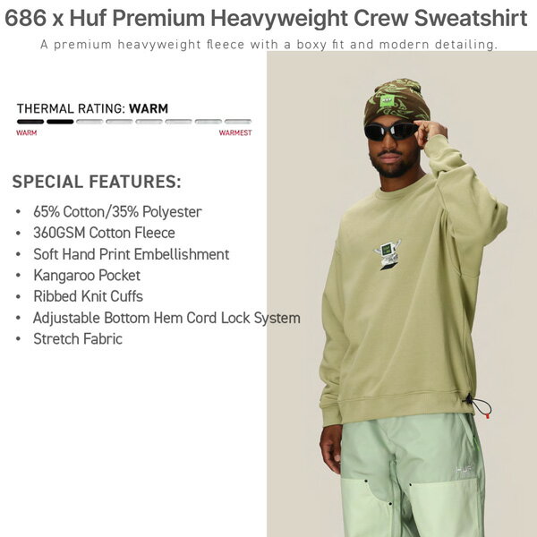 25-26 シックスエイトシックス ハフプレミアムヘビーウエイトクルースエットシャツ 686 SIXEIGHTSIX HUF PREMIUM HEAVYWEIGHT CREW SWEATSHIRT スノーボード ウエア ジャケット 25-26-JK-686 ハフエルム S M L XL 3