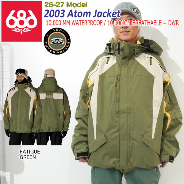 【正規代理店商品】 ●BRAND : 686 シックスエイトシックス ●品　番 : M6WN196 ●品　名 : 2003 ATOM JACKET 2003アトムジャケット ●カラー : FATIGUEGREEN ●サイズ : S/ M/ L/ XL/ XXL 10,000 MM WATERPROOF / 10,000 GM BREATHABLE + DWR 2003 Atom Jacket 【2000年代初頭のスタイルと空気感を、そのまま現代に再構築】 2003年に登場したATOM JACKETは、686がデザインと機能の両面で新しい表現に挑戦していた時代を象徴する一着。 ショルダーやアーム周りに配置された独自のベンチレーション構造と立体的なエルボーデザインは、当時の“スタイルの進化”を追い求めるライダーたちの感性を色濃く反映しています。 HERITAGE COLLECTIONとして復刻された本モデルは、オリジナルのオーバーサイズシルエットを忠実に再現しながら、素材やライニングを現代仕様にアップデートしています。 【カラーストーリー】 FATIGUE GREEN COLORBLOCK ミリタリーウェアをルーツに持つファティーググリーンを、ATOMらしい大胆なカラーブロックで再構築。 無骨さとストリート感が交差し、2000年代初頭のスタイルを色濃く感じさせる配色です。 ルーズなシルエットと相まって、HERITAGE COLLECTIONらしい存在感を放つ一色。 【着用アンバサダー】 米野舜士 【素材】 耐水圧10,000mm／透湿性10,000gのinfiDRY 10K 2レイヤー防水透湿ファブリック（リサイクルポリエステル100％）を採用。 PFAS FREE DWR仕様により、雪や軽い雨を防ぎつつ、快適な着用感をキープ。 日常的なゲレンディングから長時間のライディングまで対応するバランスの取れたスペックです。 【HERITAGE フィット & デザイン】 ATOM最大の特徴は、2003年当時の空気感をそのまま残した大胆なオーバーサイズフィット。 肩や腕の可動域を考慮したパターン設計により、回転系トリックやスタイルを強調したライディングでも動きを妨げません。 あえてルーズに着ることで当時のスタイルを楽しめます。 【機能性】 チェスト、アーム、バックに配置された複数のベンチレーションが、行動量に応じた温度調整を可能に。 着脱可能なパウダースカートや豊富なポケット構成など、当時のデザインを踏襲しながらも、実用性はしっかりと確保されています。 【主な機能】 ・耐水圧10,000mm／透湿性10,000g infiDRY 10K 2レイヤー防水透湿ファブリック（リサイクルポリエステル100％）＋PFAS FREE DWR ・ハンギングライニング仕様シェル構造 ・チェストベンチレーション／アームベンチレーション／バックベンチレーション ・ジップフロントハンドポケット ・ジップオフ式アジャスタブルパウダースカート ・ヘルメット対応ヒンジフード ・インナーオーディオポケット ・ベルクロパスポケット ・ジップスリーブポケット ・ライクラ リストゲーター ・ベルクロアジャスタブルカフ ・アジャスタブル ボトムヘム ・Pant Jacket Connect システム ・インナーゴーグルポケット ・フロントハンドポケット内部キークリップ ・Bemis クリティカルシームテープ加工 ・内ポケット2／外ポケット5／合計7ポケットデザイン 26-27 686 2003 ATOM JACKET シックスエイトシックス アトムジャケット スノーボードウェア ジャケット 復刻モデル レトロ フリーライド パーク ストリート オールマウンテン メンズ 2026 2027　 　 　 　