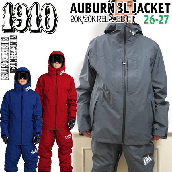 【正規代理店商品】 ●BRAND：1910 ナインティーンテン ●品番：913261601 ●品名：AUBURN 3L SNOW JACKET オーバーン3Lスノージャケット ●サイズ：S/ M/ L/ XL/ XXL ●カラー： STORMGREY THAYLOBLUE DISTRICTRED 26-27 1910 AUBURN 3L SNOW JACKET ジェイミーが経験を積んだ自然界からインスピレーションを得たオーバーンジャケット。 ストームスタンダード（20K/20K DWR、PFASフリー）を通して、芸術性と実用性を融合。 太平洋岸北西部のDNAを受け継ぎ、山での過酷な使用に耐えられるよう設計。 嵐の日もスタジオでの夜も快適に過ごせます。機能性を追求したこのジャケットは、スムーズな着心地と深い通気性を備え、妥協することなく悪天候にも対応します。 PRODUCTION IMPROVEMENTS: 〇ジャケットとパンツを繋ぐパウダースカート用ジッパーを追加 〇より頑丈な長方形のガンメタル製メインジッパープルを採用 〇手袋をしたままでも操作しやすいボタン式金具で全てのドローコードを調整 〇フード内側のプリントを改良 〇袖口のベルクロを改良 〇全体的なフィット感と形状を微調整 20K/20K RELAXED FIT 3-LAYER BONDED FABRIC FINISHED W/ PFAS FREE DWR 54% NYLON/ 46% RECYCLED NYLON RIPSTOP RIP STOP BACKER/FULLY TAPED SEAMS YKK WATER REPELLENT ZIPPERS OVERSIZED UNDERARM ZIPPERED VENTS STRETCH ADJ POWDER SKIRT ZIPS TO PANT ADJUSTABLE BUNGEE CINCH HEM HIDDEN TOGGLE CINCH HOOD TRICOT SUEDE CHIN GUARD INTERNAL TRICOT POCKET CUSTOM 1910 ZIPPER PULLS LYCRA HAND GAITERS 26-27 1910 AUBURN 3L SNOW JACKET オーバーン 3L スノージャケット スノーボードウェア スノーウェア ジャケット メンズ レディース 3レイヤー 防水 透湿 防風 フード付き スノーボード スキー ウィンタースポーツ 2026 2027 新作
