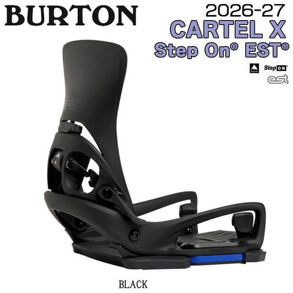 【正規代理店商品】 ●BRAND：BURTON バートン ●品番：3030411A02RG ●品名：CARTEL X EST STEP ON カーテル エックスEST ステップオン ●size：S(24cm〜26cm)/ M(26.5cm〜28.5cm)/ L(29.0cm〜) ●カラー : BLACK ※Step Onビンディングは、Step Onブーツ専用になります。 ※ESTビンディングは、The Channelボード専用です。 Men's Step On Cartel X EST Snowboard Bindings 定番モデルCartel Xの高い汎用性とコントロール性能に、STEP ONのシンプルな着脱機構を融合したハイパフォーマ ンスモデル。 ハイスピード域やテクニカルなライディングでも安定した操作性を発揮し、EST構造により足元のフレックスを最大限に活かし、The Channelマウント専用設計ならではの一体感のあるボードフィールを実現する。 DETAILS: ・BASEPLATE: Single-Component, 45% Short-Glass/Nylon Composite, SensoryBED, Toe Hooks 2.0 ・HI-BACK: DialFLAD ・Personality/Response: 6-9 (Medium - Stiff) 26-27 BURTON CARTEL X EST STEP ON バートン カーテル X EST ステップオン スノーボード ビンディング バインディング Step On EST The Channel カービング フリーラン オールマウンテン フリーライド ハイレスポンス メンズ 2026 2027 新作