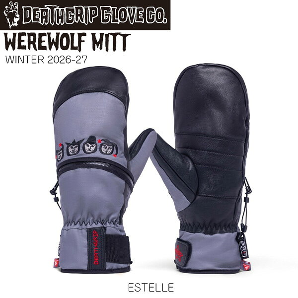 【正規代理店商品】 ●BRAND：DEATHGRIP GLOVE CO. デスグリップグローブ ●品番 : VIDE27WM ●品名： WEREWOLF MITT ウェアウルフミット ●カラー : ESTELLE ●サイズ：XXS/ XS/ S/ M/ L/ XL/ XXL WEREWOLF MITT レザー、リップストップ、テクノロジーのバランスが絶妙。 パフォーマンスもスタイルも、どちらも完璧に仕上げました。 「Werewolf（ウェアウルフ）」は、性能とスタイルを両立させたモデルです。 レザー、リップストップ、ナイロンの素材に、PrimaLoft Gold（170g）のインサレーションとHiporaの防水機能を組み合わせています。 さらにHand Out TechnologyとHeat Holdersを採用することで、機能性に優れた完璧なハンドウェアに仕上がっています。 RIDER COLORWAY：ESTELLE PENSIERO DEATHGRIPのチームライダー兼アーティストアンバサダーであるEstelle Pensieroが今シーズン、彼女のシグネチャースタイルをWerewolf Mitt に注ぎ込みました。 ラフなイラスト、ざらついた質感、ユーモアあふれる視点は、紙の上でも雪の上でも、彼女の自由で遊び心あるスタイルを映し出しています。 大胆なキャラクターと生々しいエネルギーは、彼女が山を滑る姿とリンクしており、私たちもその両方にワクワクしています。 〇Materials ・Genuine Leather & Ripstop Exterior ・Hipora waterproof membrane ・Primaloft Gold 170g insulation ・Brushed Polyester Micro Fleece lining DEATHGRIP GLOVE CO. デスグリップグローブ WEREWOLF MITT ウェアウルフミット 26-27 2026 2027 スノーボードグローブ スノーグローブ ミトン ミトングローブ スキーグローブ ウィンターグローブ メンズ レディース 防寒 保温 スノーボード スキー ウィンタースポーツ スノーギア 雪山用品