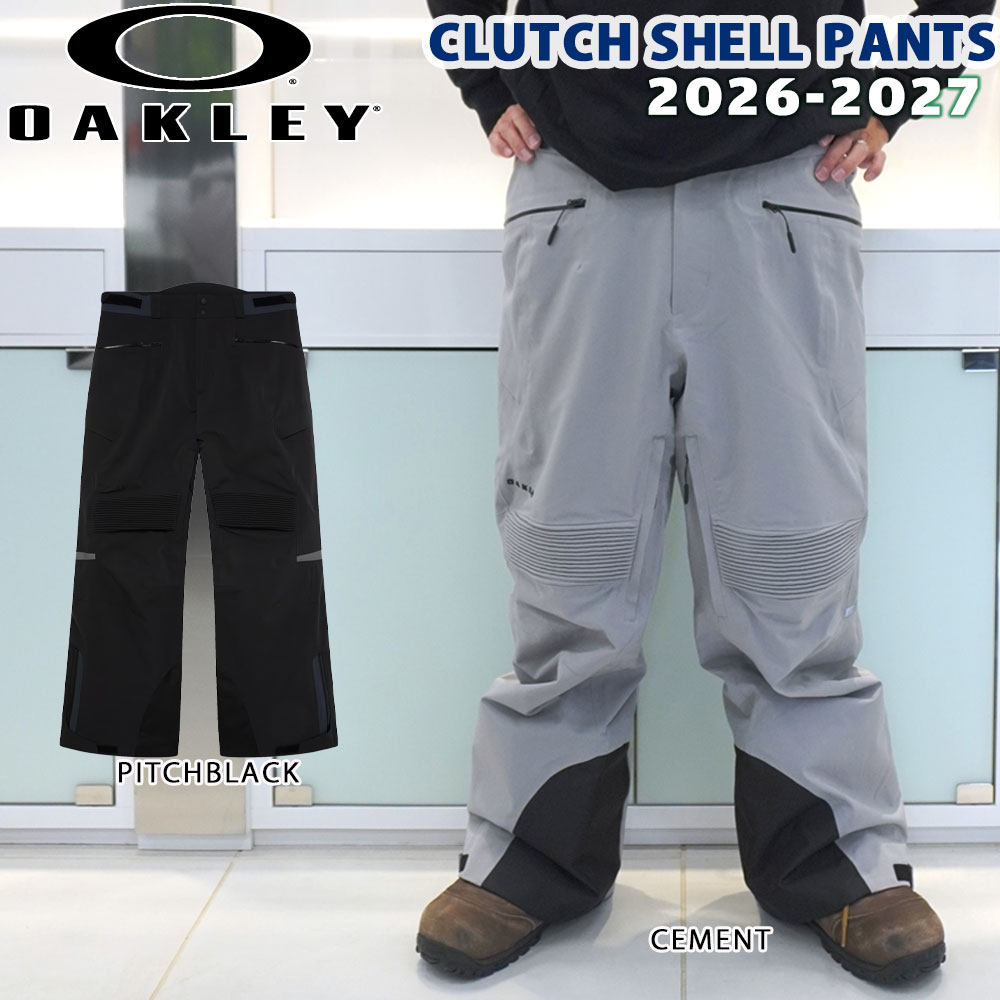 【正規代理店商品】 ●BRAND：OAKLEY オークリー ●品　番：FOA408637 ●品　名：CLUTCH SHELL PANTS クラッチ シェル パンツ ●カラー： PITCHBLACK CEMENT ●サイズ：XS/ S/ M/ L/ XL ※当商品は【US/EUサイズ】でのお取り扱いとなります※ 日本サイズをお求めの方は、1サイズ下げた商品をお選びください。 （例　通常、日本サイズ Lの場合→US/EUサイズ M） ●生地素材：ポリエステル100％ CLUTCH SHELL PANTS FNDry 15K/20K 2層構造シェルを採用し、15,000の防水性と20,000g/m2/24hの透湿性を確保。全体をシームシーリングし、膝のアコーディオンパネルにより高い運動性能を実現。 フロントはボタン＆フックのダブルクロージャーとジップフライ仕様。ウエストはベルクロストラップとベルトループ付き。 ハンド・カーゴポケット、内腿ベンチレーション、裾は耐摩耗キックパネル、ジップ付き足首ガセット、スノーゲーターを備えたレギュラーフィットモデル。 セットアップ情報 CLUTCH SHELL JACKET（品番：FOA408629） CLUTCH SHELL PANT （品番：FOA408637） 追加のディテール 主な特徴 FndryTM 15K/20K 2Lシェルパンツ Hydrofree DWR 耐水圧: 15,000mm 透湿性: 20,000g/m2/24h 断熱性 シェル フルシームシーリング 自由な動きを妨げないデザイン 膝にアコーディオンパネル ボタンとフックで安心のダブル開閉 ファスナーフライ ウエストバンドに調節可能なVelcroストラップ ベルトループ ファスナー式ハンドポケット フラップ付きカーゴポケット 内腿にベント、 メッシュの裏地付き 耐摩耗性キックパネル ファスナー付きアンクルガセット 裾に、メタルフック付きスノーゲートル レギュラーフィット アクティビティ: フリーライド、 フリースタイル 重量 180g サイズ仕様(cm) 【US/EU XS（JPN S）】ウエスト採寸72、総丈103、ヒップ(周囲)94、わたり幅32 【US/EU S（JPN M）】ウエスト採寸79、総丈106、ヒップ(周囲)101、わたり幅34 【US/EU M（JPN L）】ウエスト採寸87、総丈107、ヒップ(周囲)109、わたり幅36 【US/EU L（JPN XL）】ウエスト採寸95、総丈110、ヒップ(周囲)117、わたり幅38 【US/EU XL（JPN XXL）】ウエスト採寸102、総丈111、ヒップ(周囲)124、わたり幅40 26-27 OAKLEY CLUTCH SHELL PANTS オークリー クラッチ シェル パンツ スノーボードウェア スキーウェア シェルパンツ FN Dry 10K 防水透湿 フリーライド ゲレンデ パーク メンズ 2026 2027
