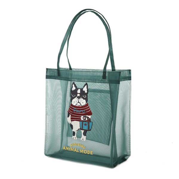Shopping Bags, Ecology Bags - アニマルモード　メッシュ生地　ミニトートバッグ　パウロ柄刺繡【グリーン】トートバッグ　コンパクト　フレンチブルドッグ　お手頃　買い物　散歩　ショッピング　旅行　フレブル　雑貨　かわいい　便利
