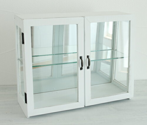 ガラスキャビネット・ホワイト【Display Glass Cabinet（White）】コレクション　ケース　2色　ブラウン　アクセサリー　フィギュア　陳列　ショーケース　ダブルドア　ラスティ　Covent　Garden　インテリア　ビンテージ　アンティーク　鏡　ミラー