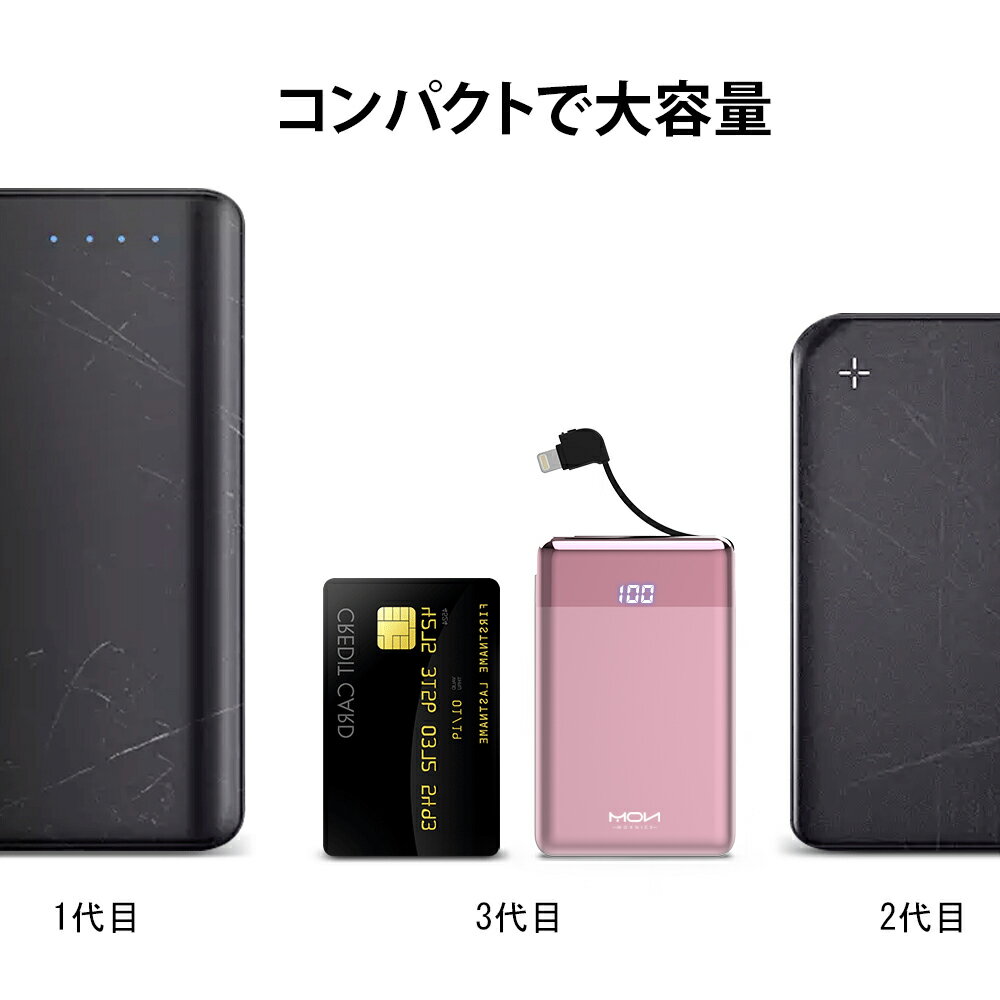 【楽天倉庫配送】ケーブル内蔵型 モバイルバッテリー 軽量 10000mAh 小型 LCD液晶 残量表示 2.1A急速充電 携帯充電器 PSE認証済み iPhone iPad Android各種対応