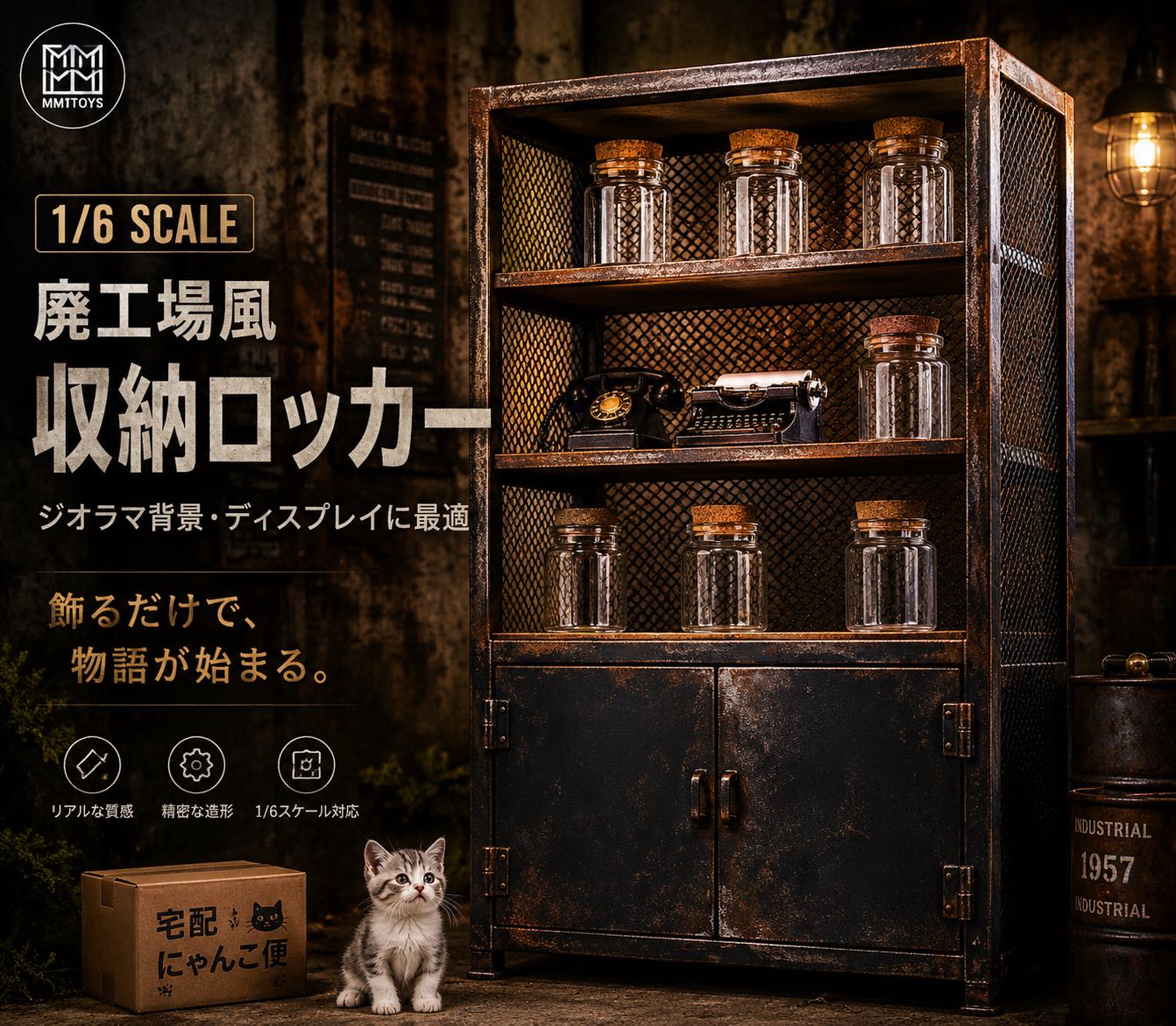 商品情報サイズ20×9.5×31cm（長さ×幅×高さ）重量1154g（工場の実出荷を基準とする）素材鉄工、木材内容廃土工業風収納ロッカー×1＼1日限定全品5％OFF／1/6 ジオラマ背景 廃工場風収納ロッカー リアル ミニチュア フィギュア ディスプレイ インテリア JXK Studio　M2507 「飾るだけで、物語が始まる。」 5