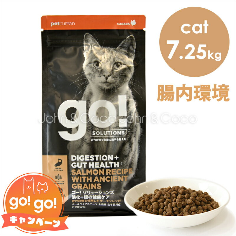 猫用ドライフード（オールライフステージ総合栄養食） GOから消化+腸の健康ケアを目指す新ラインナップが登場。 生きて腸まで届き、腸の消化をサポートするよう設計された特許取得済みのプロバイオティクスを使用。3種類のブレンド酵母と古代穀物が、健康的な善玉菌をサポート。 ●特徴 ・高品質なサーモンを使用 ・栄養豊富なスーパーフードの古代穀物を使用 ・腸の消化をサポートするよう設計された特許取得済みのプロバイオティクス使用 ・腸内環境をサポートするチコリ根と酵母由来のプレバイオティクス使用 ・免疫機能をサポートする機能性成分が豊富なフルーツと野菜を使用 ●原材料名 サーモンミール、オートミール、サーモン（生・骨抜き）、全粒オーツ麦、ライ麦、鶏脂肪、トマト、ナチュラルフレーバー、リンゴ、ミレット、オオバコ種皮、キヌア、ニンジン、クランベリー、塩化コリン、リン酸、酵母エキス、加水分解酵母、乾燥ビール酵母、ソルガム、塩化カリウム、塩化ナトリウム、ビタミン類（ビタミンEサプリメント、ナイアシン、Lアスコルビン酸2ポリリン酸塩（ビタミンC源）、硝酸チアミン、ビオチン、ビタミンAサプリメント、dパントテン酸カルシウム、βカロテン、リボフラビン、塩酸ピリドキシン、ビタミンB12サプリメント、ビタミンD3サプリメント、葉酸）、ミネラル類（タンパク質キレート亜鉛、硫酸第一鉄、酸化亜鉛、タンパク質キレート鉄、硫酸銅、亜セレン酸ナトリウム、タンパク質キレート銅、タンパク質キレートマンガン、酸化マンガン、ヨウ素酸カルシウム）、バチルス・コアギュランス発酵生成物、チコリ根、タウリン、ユッカシジゲラ抽出物、ローズマリー、酸化防止剤（ミックストコフェロール） ●保証分析値 タンパク質 30%以上、脂質 14%以上、粗繊維 5%以下、灰分 8.5%以下、水分 10％以下 マグネシウム　0.09％以上、タウリン　0.2％以上、オメガ6脂肪酸　2％以上、オメガ3脂肪酸　0.7％以上 プロバイオティクス、100,000,000CFU/lb以上（バチルスコアグランス） ○代謝カロリー　408.3kcal/100g AAFCO推奨カロリー計算係数　337.75kcal/100g ●原産国名： カナダ