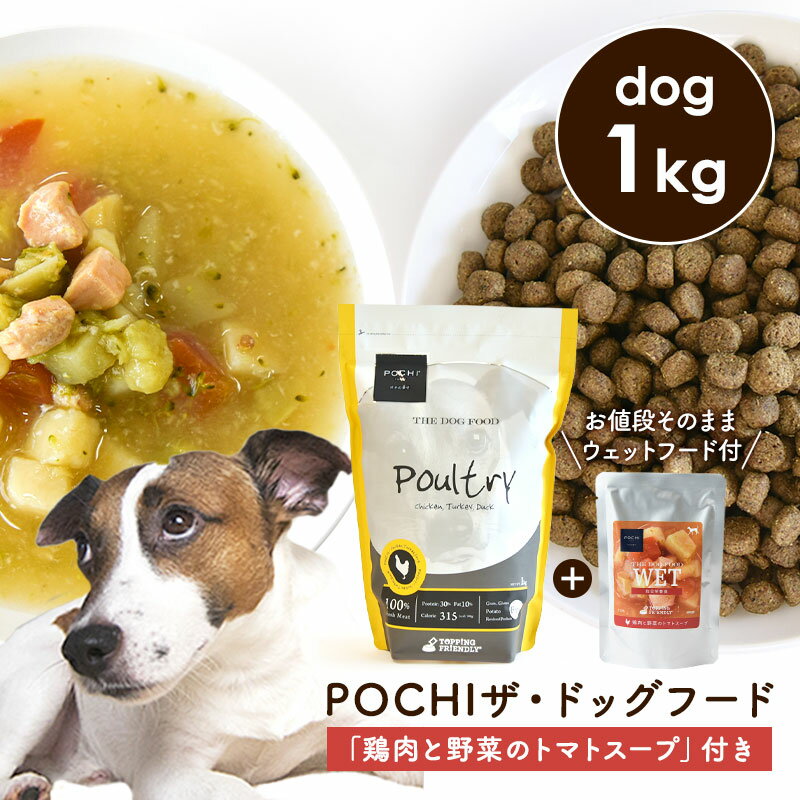 楽天犬と猫のJohn＆Coco ジョン＆ココPOCHI（ポチ） 数量限定 ザ・ドッグフード ベーシック 3種のポルトリー 1kg 「鶏肉と野菜のトマトスープ100g」付き ドライフード ウェットフード レトルト 犬