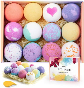 【ギフトBOX付】Homasy バスボム ギフト 12個 入浴剤 セット カラフル 香り爆弾 炭酸 エッセンシャルオイル含まれ バスボール お風呂用 肌に優しい 潤い 可愛い 子供 女の子 誕生日 友達 クリスマス 新年 お歳暮 プレゼント バレンタイン 内祝 出産祝い