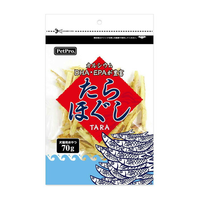 ◆特　長◆ 鱈は白身魚で高たんぱくな食材でビタミンB12やヨウ素・カルシウム・DHA・EPAといった栄養素が豊富に含まれています。食べやすく小分けにしやすいほぐしタイプ。 【お客様へ】本商品は、賞味期限3ヵ月以上の商品をお届けしております。 ◆メーカー◆ 株式会社 ペットプロジャパン ※製造国または原産国：中国 ◆対象動物種・年齢◆ 犬・猫 ◆給与方法・給与量◆ 【1日あたりの給与量】 超小型犬(5kg以下)〜10g、小型犬(5〜10kg)10〜20g、中型犬(10〜20kg)20〜35g、大型犬(20〜40kg)35〜50g、成猫〜10g ・健康状態や年齢、運動量を考慮した上で、上記給与量を参考に一日数回に分けてお与えください。 ◆原材料・成分◆ 【原材料】 たら 【保証成分】 たんぱく質80.0％以上、脂質4.0％以上、粗繊維0.5％以下、灰分5.5％以下、水分7.0％以下 【エネルギー】 310kcal/100g ◆保存方法◆ 開封前：直射日光・高温多湿を避けて冷暗所で保存してください。 開封後：チャックを閉めて冷蔵で保存し、賞味期限に関わらずお早めにお与えください。 ◆使用上の注意◆ ・本品は犬猫用おやつです。主食として与えないでください。 ・本品で使用しているたらほぐしは、えび、かにが混ざる漁法で採取しています。 ・美味しさを保つための脱酸素剤は食べられません。また、開封後は効果がなくなりますのでお捨てください。 ・本品は天然素材を使用しておりますので、色・形状・サイズ・硬さなどに若干のばらつきがあります。また、時間の経過とともに変色する場合がありますが品質には問題ありません。 ・生後6か月未満の犬猫は消化できないことがございますのでご注意ください。 ・ペットの習性によってはのどに詰まらせることがありますので必ず観察しながらお与えください。 ・子どもがペットに与える際は、安全のため大人が監視してください。 ・幼児、子どもの手の届かない、またペットのふれられない所に保管してください。 ・ペットの体調が悪くなった時は獣医師にご相談ください。 【ご注意1】この商品はお取り寄せ商品です。ご注文されてから発送されるまで約10営業日(土日・祝を除く)いただきます。 【ご注意2】お取り寄せ商品以外の商品と一緒にお買い上げの場合は、全ての商品が揃い次第の発送となりますので、ご了承下さい。 ※メーカーによる商品リニューアルに伴い、パッケージ、品名、仕様（成分・香り・風味 等）、容量、JANコード 等が予告なく変更される場合がございます。予めご了承ください。 ※商品廃番・メーカー欠品など諸事情によりお届けできない場合がございます。 ※ご使用期限またはご賞味期限は、商品情報内に特に記載が無い場合、1年以上の商品をお届けしております。 商品区分：【ペットフード】 【広告文責】株式会社メディスンプラス：0120-205-904 ※休業日 土日・祝日 文責者名：横井 善弘（管理薬剤師）