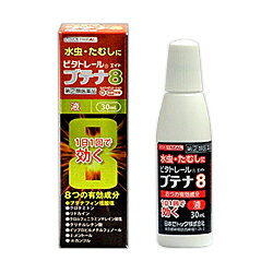 ◆特　長◆ 「ビタトレール ブテナ8液」は8つの有効成分が水虫のつらい諸症状を鎮め、1日1回の使用でよく効きます。効能・効果…みずむし、いんきんたむし、ぜにたむし指定第2類医薬品。※小児に使用させる場合には、保護者の指導監督のもとに使用させてください。＜水虫治療のポイント＞●根気よく継続治療をしましょう。かゆみがなくなっても、すっかり治るまで根気よく治療を続け再発を防ぎましょう。●患部をよく洗って清潔にしましょう。白癬菌の増殖や二次感染を防ぐため、患部をよく洗い、乾燥させて清潔に保ちましよう。●患部を乾燥させましょう。通気性の悪い靴下やブーツ、ゴム長靴は好ましくありません。むれを防ぎ、乾燥に心がけましよう。●衣類を清潔にしましょう。靴や靴下、スリッパ、浴室のマットも清潔に保ち感染に注意しましよう。 【只今キャンペーン中】本商品を1個お買い上げ毎に、「おまかせ歯ブラシ（※カラー・毛先の硬さ・種類は選べません）」を1つプレゼント！ もちろん、まとめ買いされたりセットをご購入されますと、その内容に応じて特典が増えますよ〜！ ◆メーカー（※製造国または原産国）◆ 日本ゼトック株式会社〒160-0023 東京都新宿区西新宿1-26-2お客様相談窓口　TEL：0120-886-440受付時間　9：00〜12：00、13：00〜17：00（土・日・祝日を除く） ※製造国または原産国：日本 ◆効能・効果◆ みずむし、いんきんたむし、ぜにたむし ◆用法・用量◆ 1日1回、適量を患部に塗布してください。＜用法・用量に関連する注意＞(1)患部やその周囲が汚れたまま使用しないでください。(2)目に入らないように注意してください。万一、目に入った場合には、すぐに水又はぬるま湯で洗い、直ちに眼科医の診療を受けてください。(3)小児に使用させる場合には、保護者の指導監督のもとに使用させてください。(4)外用にのみ使用してください。＜容器の使用法＞●使用前に、容器の先端を上に向けて、手の指で中栓の先を2〜3回空押しして中の空気を抜いてください。（暑い時期、高温の場所に置かれた場合や薬液が少なくなった場合などに、容器内の圧力が高まり薬液が多く出ることがありますので、これを防ぐためです）●使用するときは容器を下向き又は斜めにして、先端を患部に軽く押し当てて塗布してください。容器の先端を患部から離すと液が出なくなります。（強く押し当てたり、容器胴部を強く握ると薬液が多く出ます） ◆成　分◆ 100mL中[成分：分量]■ブテナフィン塩酸塩：1.0g■クロタミトン：5.0g■リドカイン：2.0g■グリチルレチン酸：0.5g■クロルフェニラミンマレイン酸塩：0.5g■イソプロビルメチルフェノール：0.3g■l-メントール：1.0g■dl-力ンフル：1.0g添加物として、工タノール、1.3-ブチレングリコール、pH調節剤を含有します。＜成分に関連する注意＞アルコールを含んでいますので、塗布時にしみることがあります。 ◆使用上の注意◆ ●してはいけないこと（守らないと現在の症状が悪化したり、副作用が起こりやすくなります）1．次の人は使用しないでください本剤又は本剤の成分によりアレルギー症状を起こしたことがある人。2．次の部位には使用しないでください(1)目や目の周囲、粘膜（例えば、口腔、鼻腔、膣等）、陰のう、外陰部等。(2)湿疹。(3)湿潤、ただれ、亀裂や外傷のひどい患部。●相談すること1．次の人は使用前に医師、薬剤師又は登録販売者に相談してください(1)医師の治療を受けている人。(2)妊婦又は妊娠していると思われる人。(3)乳幼児。(4)薬などによりアレルギー症状を起こしたことがある人。(5)患部が顔面又は広範囲の人。(6)患部が化膿している人。(7)「湿疹」か「みずむし、いんきんたむし、ぜにたむし」かがはっきりしない人。（陰のうにかゆみ・ただれ等の症状がある場合は、湿疹等他の原因による場合が多い）2．使用後、次の症状があらわれた場合は副作用の可能性があるので、直ちに使用を中止し、この説明書を持って医師、薬剤師又は登録販売者に相談してください［関係部位：症状］皮膚：発疹・発赤、かゆみ、かぶれ、はれ、刺激感、熱感、落屑、ただれ、水庖、亀裂、乾燥感、ヒリヒリ感3．2週間位使用しても症状がよくならない場合は使用を中止し、この説明書を持って医師、薬剤師又は登録販売者に相談してください ◆保管及び取扱い上の注意◆ (1)直射日光の当たらない涼しい所に密栓して保管してください。(2)小児の手の届かない所に保管してください。(3)他の容器に入れ替えないでください。（誤用の原因になったり品質が変わるのを防ぐため）(4)使用期限（外箱に記載）を過ぎた製品は使用しないでください。なお、使用期限内であっても、開封後はなるべく早く使用してください。（品質保持のため）(5)火気に近づけないでください。また、使用済みの容器は火中に投じないでください。(6)本剤のついた手で、目や粘膜に触れないでください。(7)合成樹脂（スチロール等）を軟化したり、塗料を溶かしたりすることがありますので、床や家具等につかないようにしてください。 ※その他、医薬品は使用上の注意をよく読んだ上で、それに従い適切に使用して下さい。 ※ 添付文書←詳細の商品情報はこちら 【お客様へ】 お薬に関するご相談がございましたら、こちらへお問い合わせください。 ※パッケージデザイン等が予告なく変更される場合もあります。 ※商品廃番・メーカー欠品など諸事情によりお届けできない場合がございます。 ※ご使用期限またはご賞味期限は、商品情報内に特に記載が無い場合、1年以上の商品をお届けしております。 商品区分：【第(2)類医薬品】【広告文責】株式会社メディスンプラス：0120-205-904 ※休業日 土日・祝祭日文責者名：稗圃 賢輔（管理薬剤師）