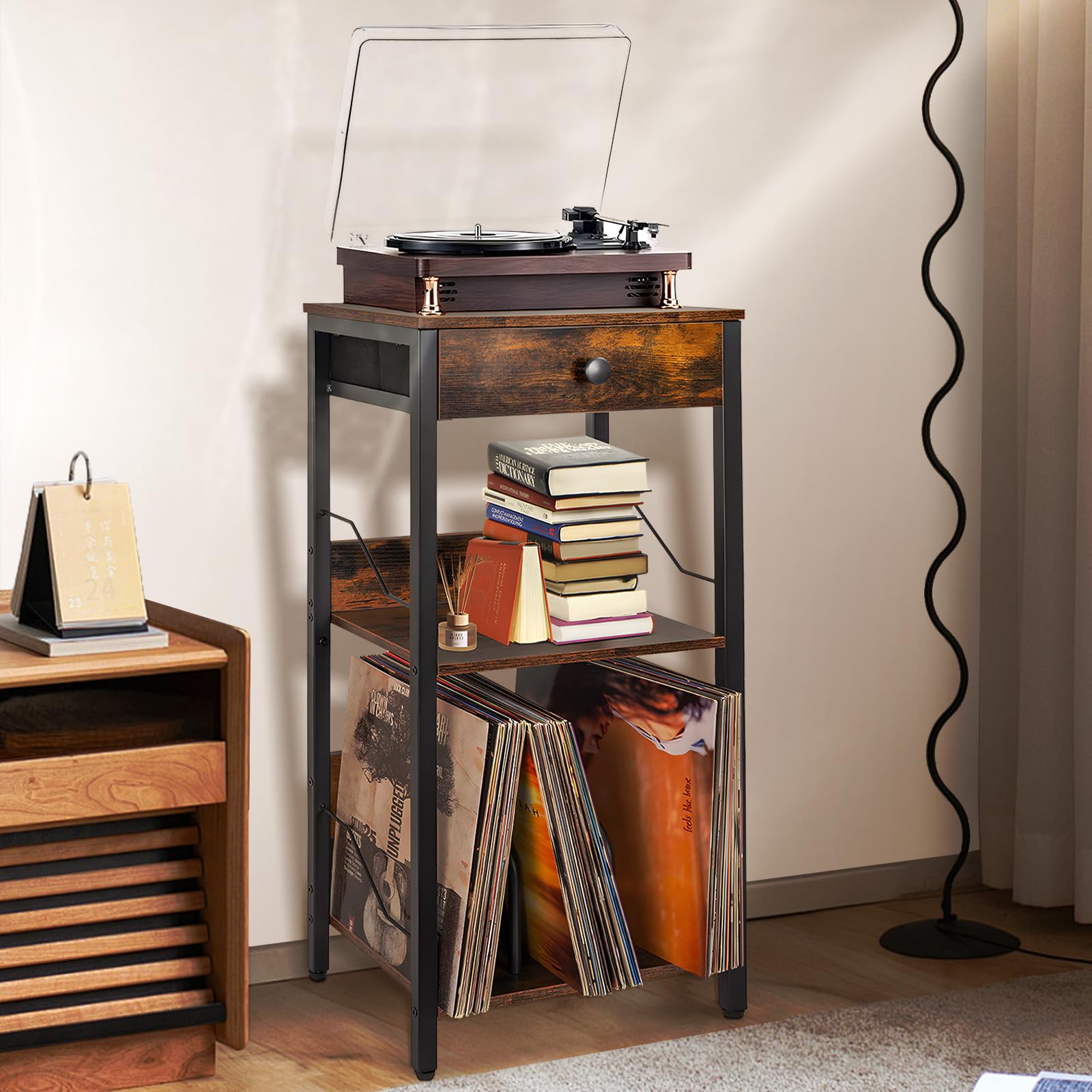 BQKOZFIN レコードプレーヤースタンド 3段 レコードラック ターンテーブルスタンド レコード棚 LP収納1..