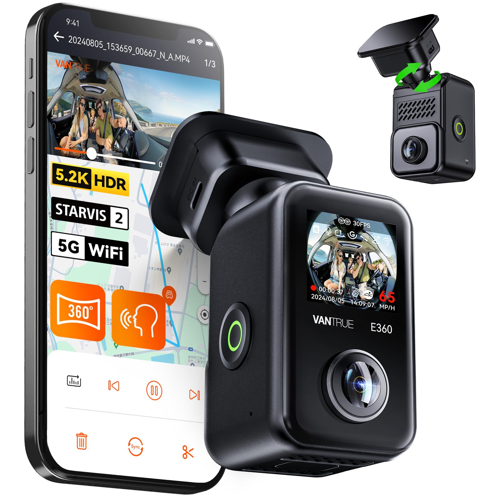 360度パノラマ ドライブレコーダー VANTRUE E360 5.2K ドラレコ STARVIS 2超強暗視機能 前後HDR 全方向撮影 前後カメラ 一体型 210° 210°全周囲録画 車載カメラ スマホ連携 赤外線機能 前後 タッチパネル式 WiFi