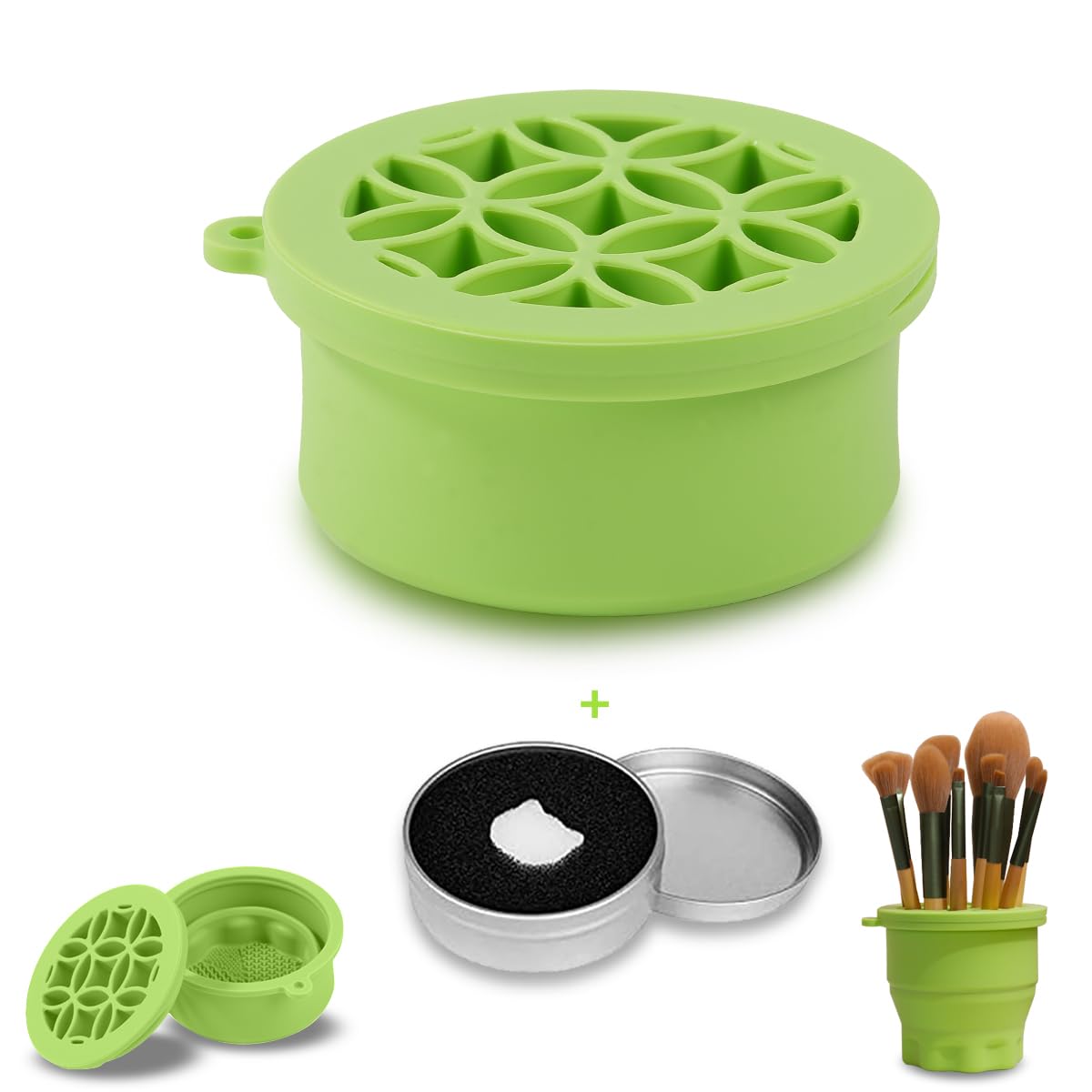 Iborrys 携帯用メイクブラシ洗浄カップ | 折りたたみ式シリコンブラシクレンジングパッド＆乾燥スタンド | 多機能トラベル用化粧ツールクレンジング＆収納セット | 清潔＋乾燥＋収納の三位一体デザイン (グリーン)