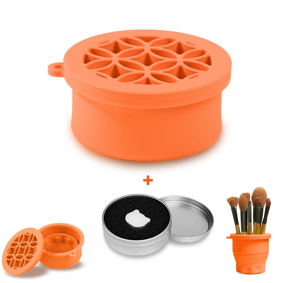 Iborrys 携帯用メイクブラシ洗浄カップ | 折りたたみ式シリコンブラシクレンジングパッド＆乾燥スタンド | 多機能トラベル用化粧ツールクレンジング＆収納セット | 清潔＋乾燥＋収納の三位一体デザイン (オレンジ)