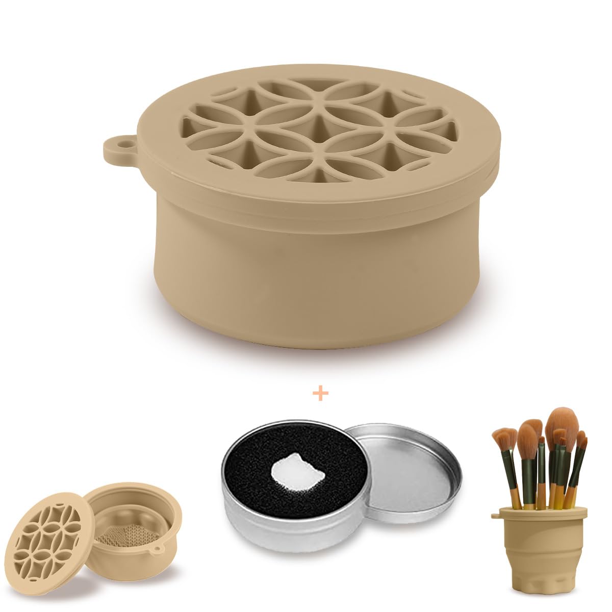 Iborrys 携帯用メイクブラシ洗浄カップ | 折りたたみ式シリコンブラシクレンジングパッド＆乾燥スタンド | 多機能トラベル用化粧ツールクレンジング＆収納セット | 清潔＋乾燥＋収納の三位一体デザイン （カーキ）