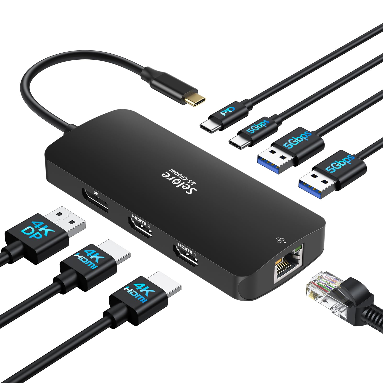 【マルチモニター 3画面拡張 2つHDMI＋DP＋LAN 】Selore 8in1ドッキングステーション hdmi 2つ 4K対応 3画面出力 モバイルタイプ 100W 急速充電 Displayport LAN 2 USB-A/USB-C 3.0ポート u