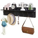 YMYNYハンガーラック壁掛け式、木製ハンガー、2点セット、8つのフック付き通路ハンガー、80 cm Lフローティング棚、キーホルダー、キッチン、バスルーム、リビング、黒 JPHWS006B-2