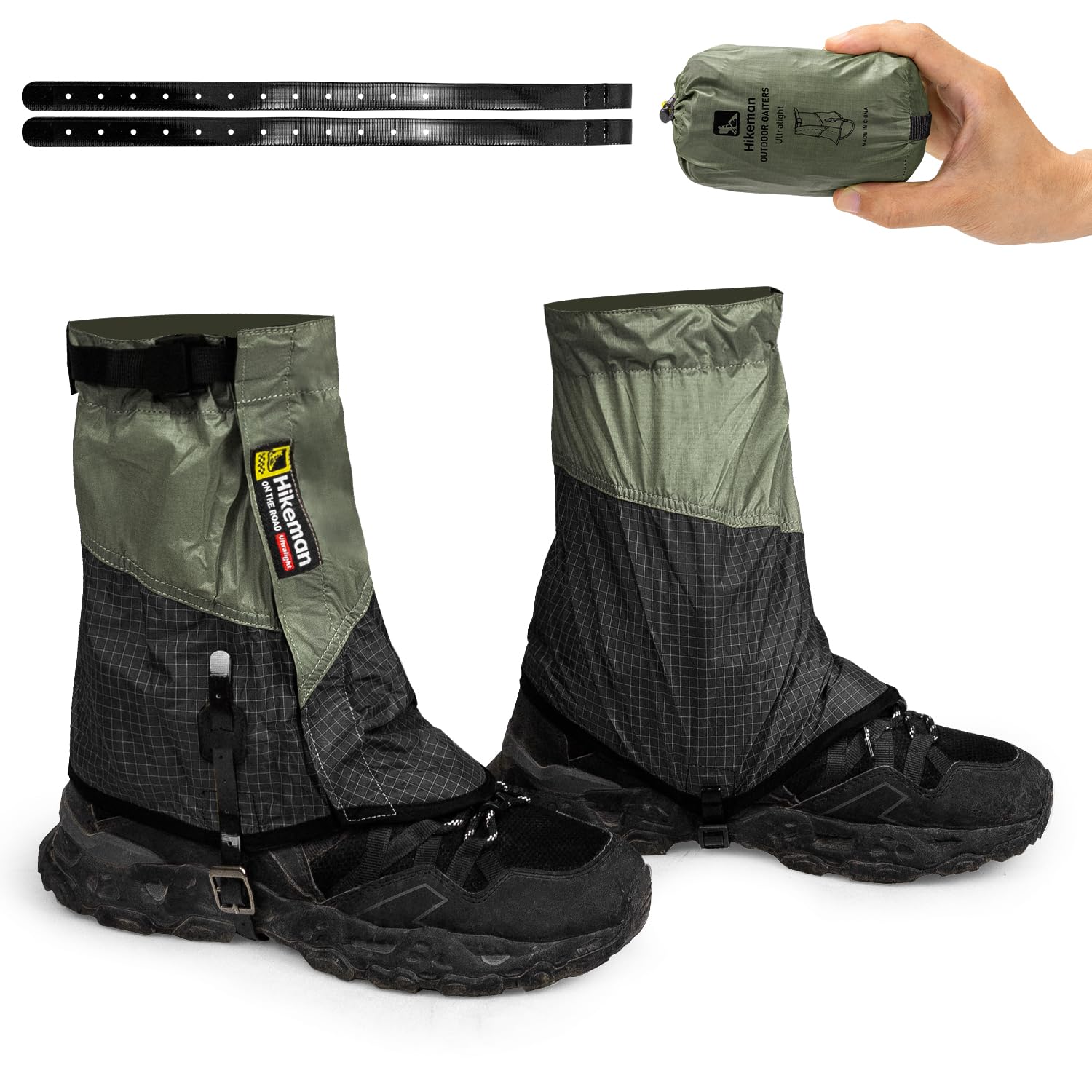 ゲイター ショート 登山 防水 軽量 交換用TPUベルト付き 高耐久性 着脱簡単 汚れ防止 泥除け 砂よけ 悪天候に対応 収納袋付き アウトドア 作業用 釣り キャンプ ハイキング (グリーン, M)