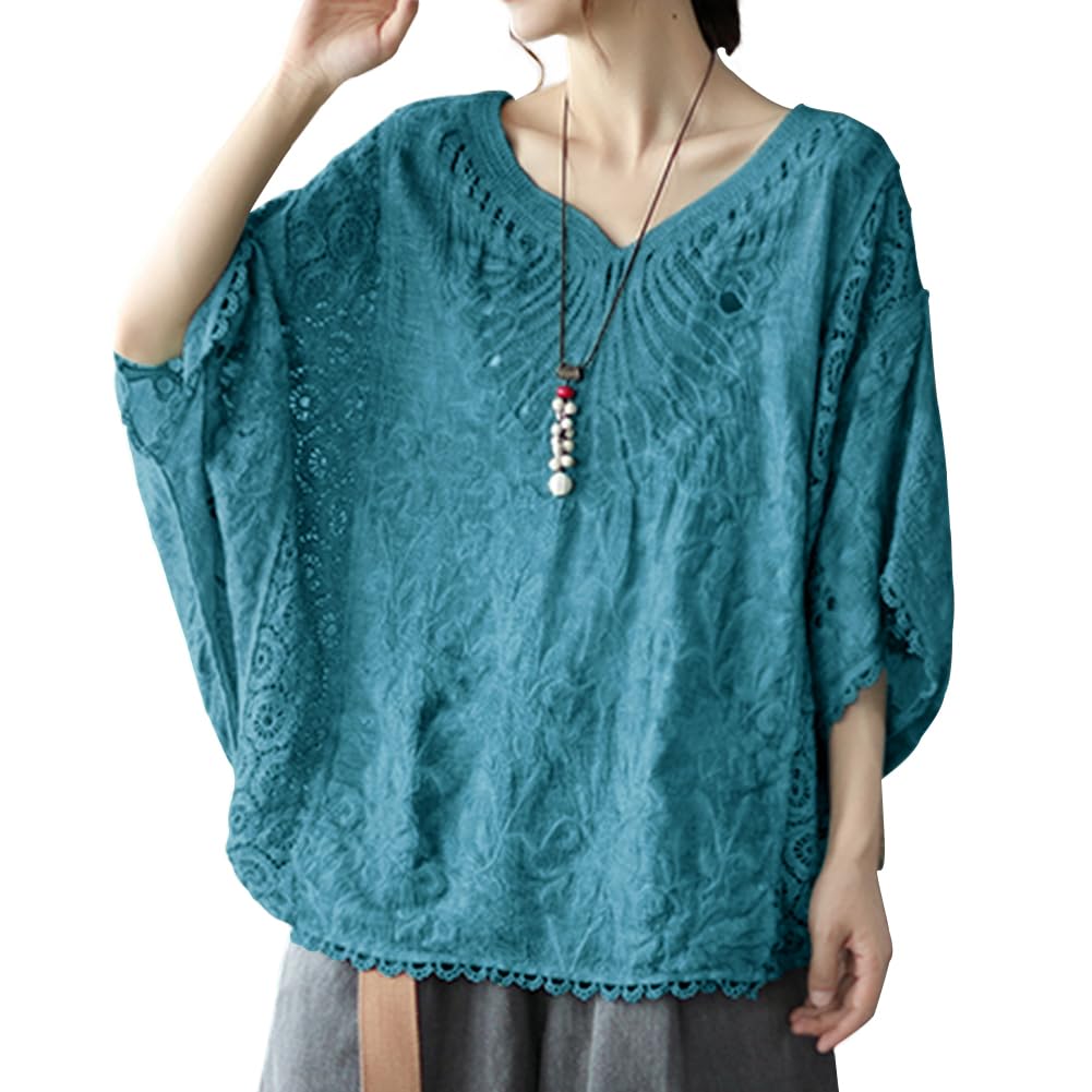 [Bidason] ブラウス レディース レース シャツ ドルマンスリーブ Vネック 半袖 コットン UVカット 冷房対策 ゆったり 体型カバー 大人抜け感 可愛い おしゃれ 知的 カジュアル 普段着 夏