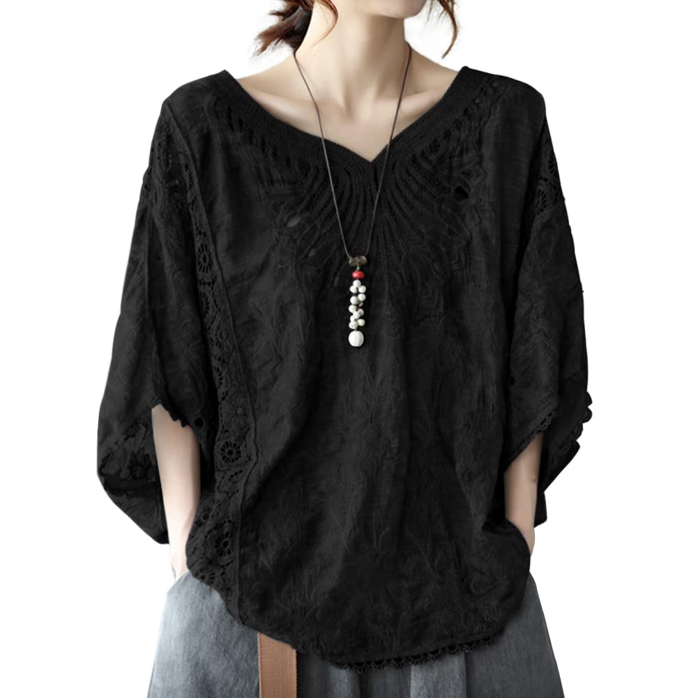 [Bidason] ブラウス レディース レース シャツ ドルマンスリーブ Vネック 半袖 コットン UVカット 冷房対策 ゆったり 体型カバー 大人抜け感 可愛い おしゃれ 知的 カジュアル 普段着 夏