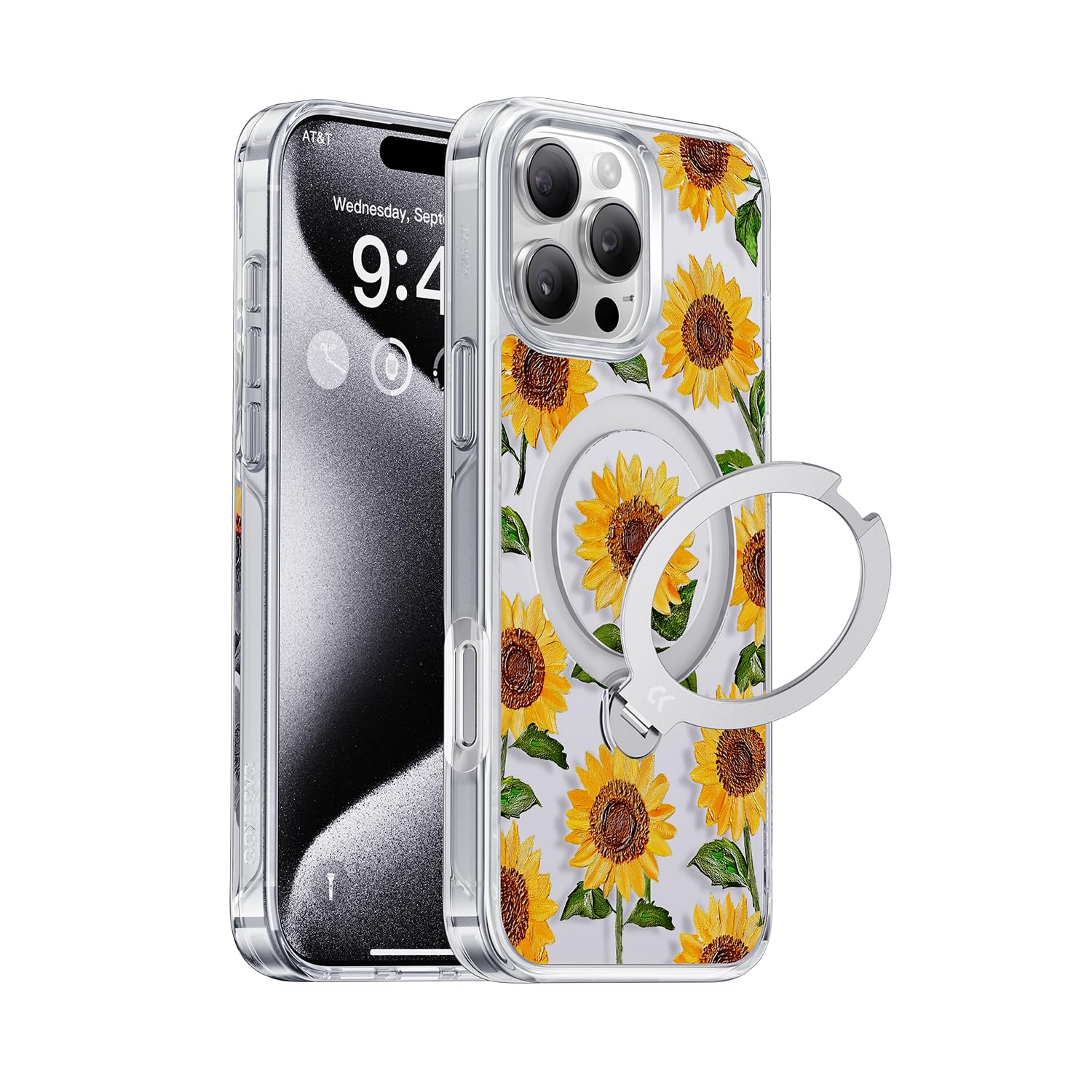 【最新トレンド・360°回転スタンド】CASEKOO iPhone 16 Pro 用ケース クリア ひまわり 花柄 米軍MIL規格 フィット感 MagSafe対応 最大25W急速充電対応 横縦両立 角度自在 超強磁力 耐衝撃 高耐久性 ラップホール付き 透