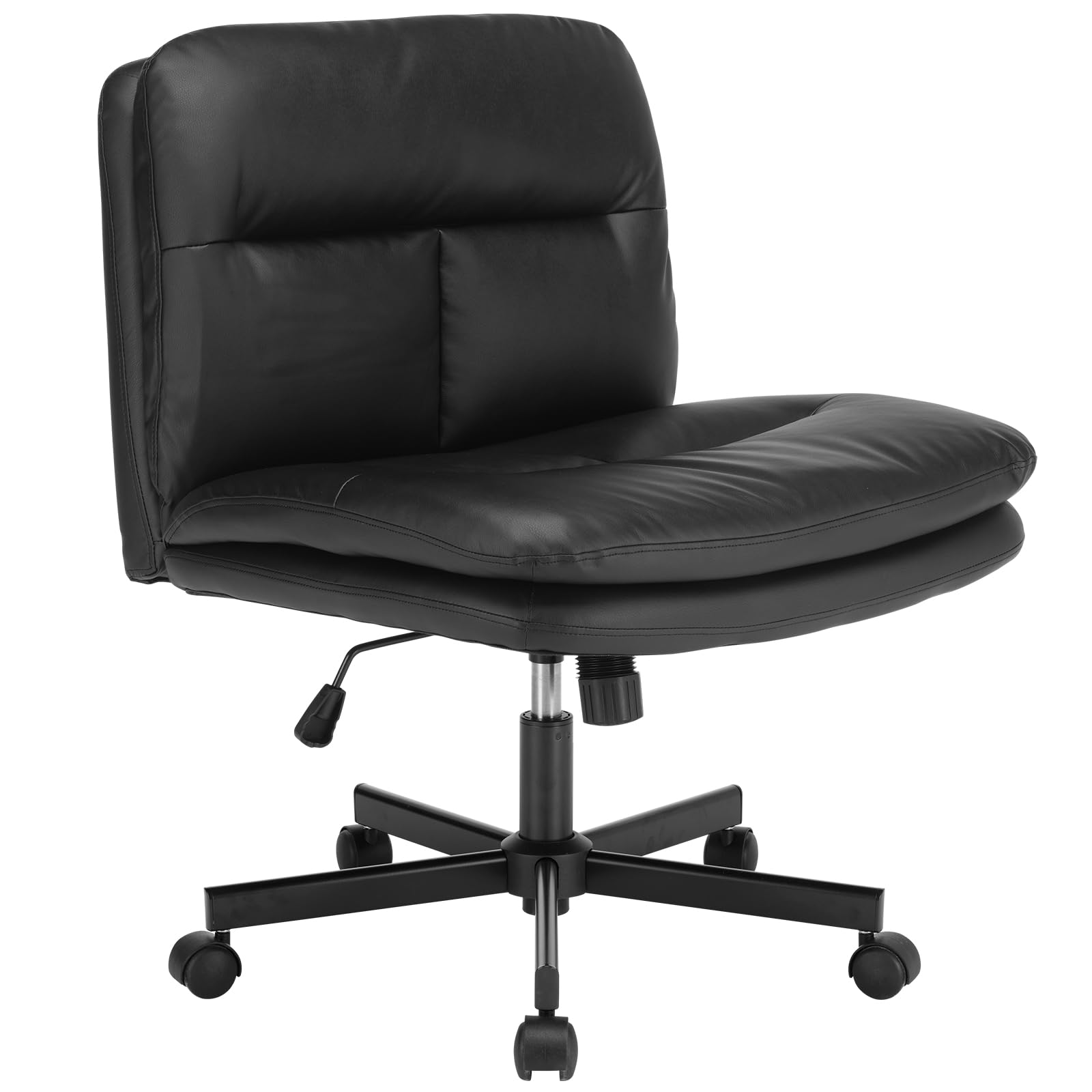 SKYE デスクチェア オフィスチェア 座面が広い アームレス ホイール付き回転 パソコンチェア 椅子 360°回転 PCチェア 8cm高さ調節可能 PUレザー (black)
