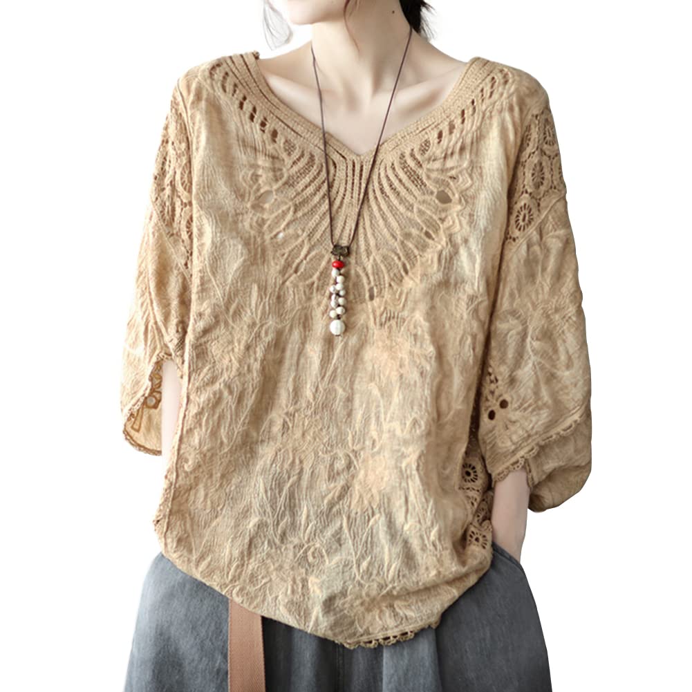 [Bidason] ブラウス レディース レース シャツ ドルマンスリーブ Vネック 半袖 コットン UVカット 冷房対策 ゆったり 体型カバー 大人抜け感 可愛い おしゃれ 知的 カジュアル 普段着 夏