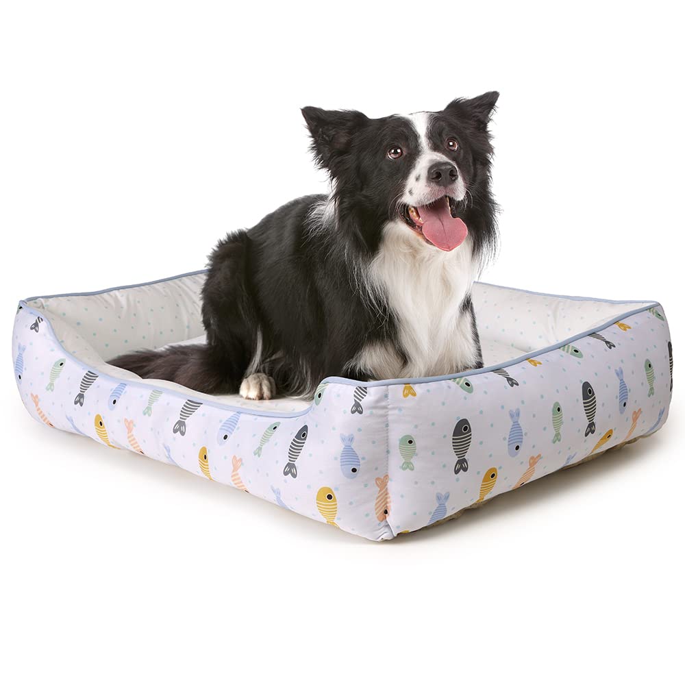 JEMA 猫 ベッド 夏用 犬 ペットベッド 接触冷感 ひんやり クッション 洗える 長方形 60x50x18cm ペットべっと 犬用ソファー 小魚柄(2)