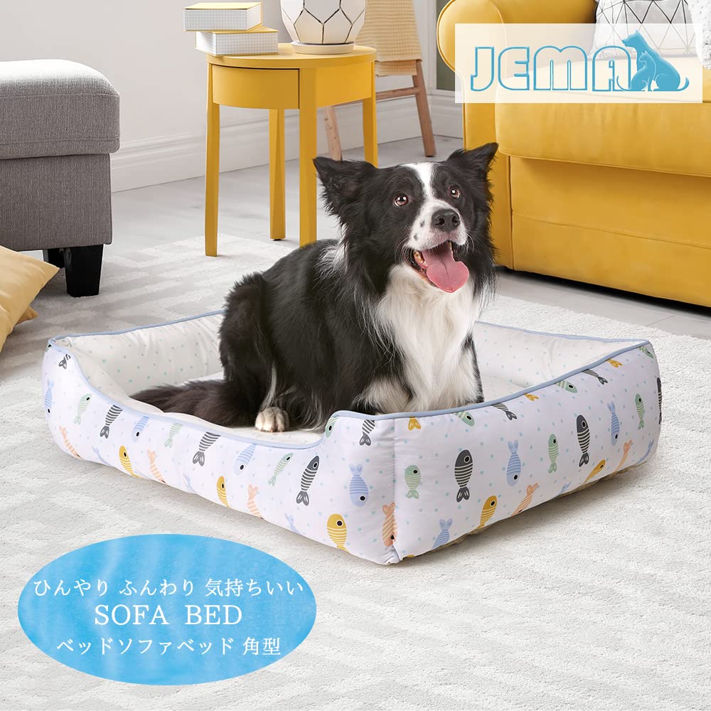 JEMA 猫 ベッド 夏用 犬 ペットベッド 接触冷感 ひんやり クッション 洗える 長方形 60x50x18cm ペットべっと 犬用ソファー 小魚柄(2) 2