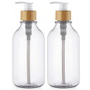 【詰め替えボトル 木製ポンプ】segbeauty シャンプーボトル ディスペンサー 2本セット 500ML 洗剤用 お風呂 温泉 台所 6枚シール付き(透明)