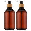 【詰め替えボトル 木製ポンプ】 segbeauty シャンプーボトル ディスペンサー 2本セット 500ML 洗剤用 お風呂 温泉 台所 6枚シール付き(茶色)