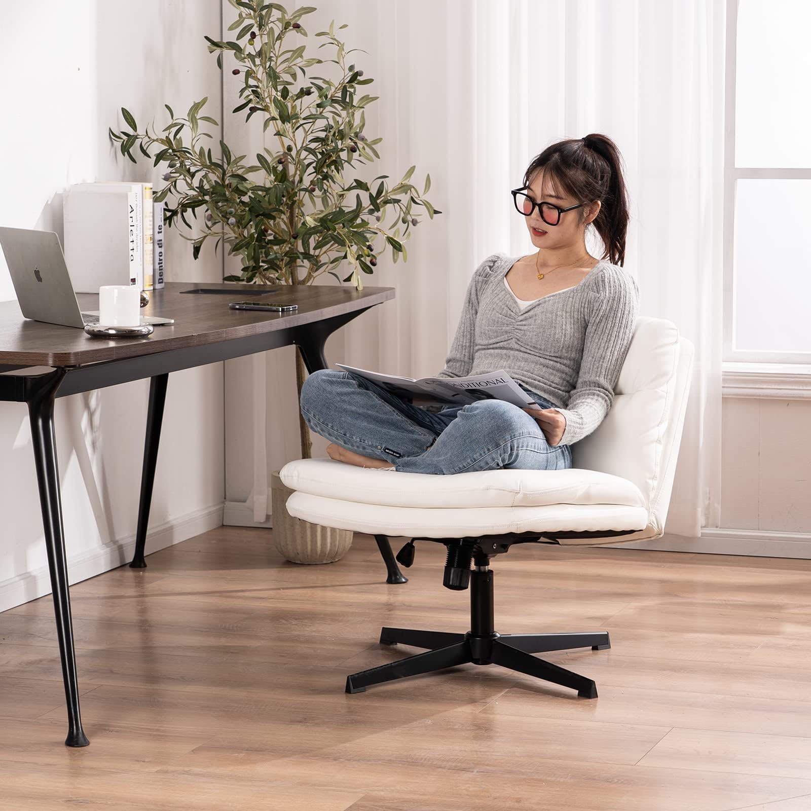 SKYE デスクチェア アームレス オフィスチェア ホイールなし パソコンチェア クロスレッグ 椅子 ワイド ホーム オフィス デスクチェア 高さ調節可能 回転 PUレザー(ホワイト)