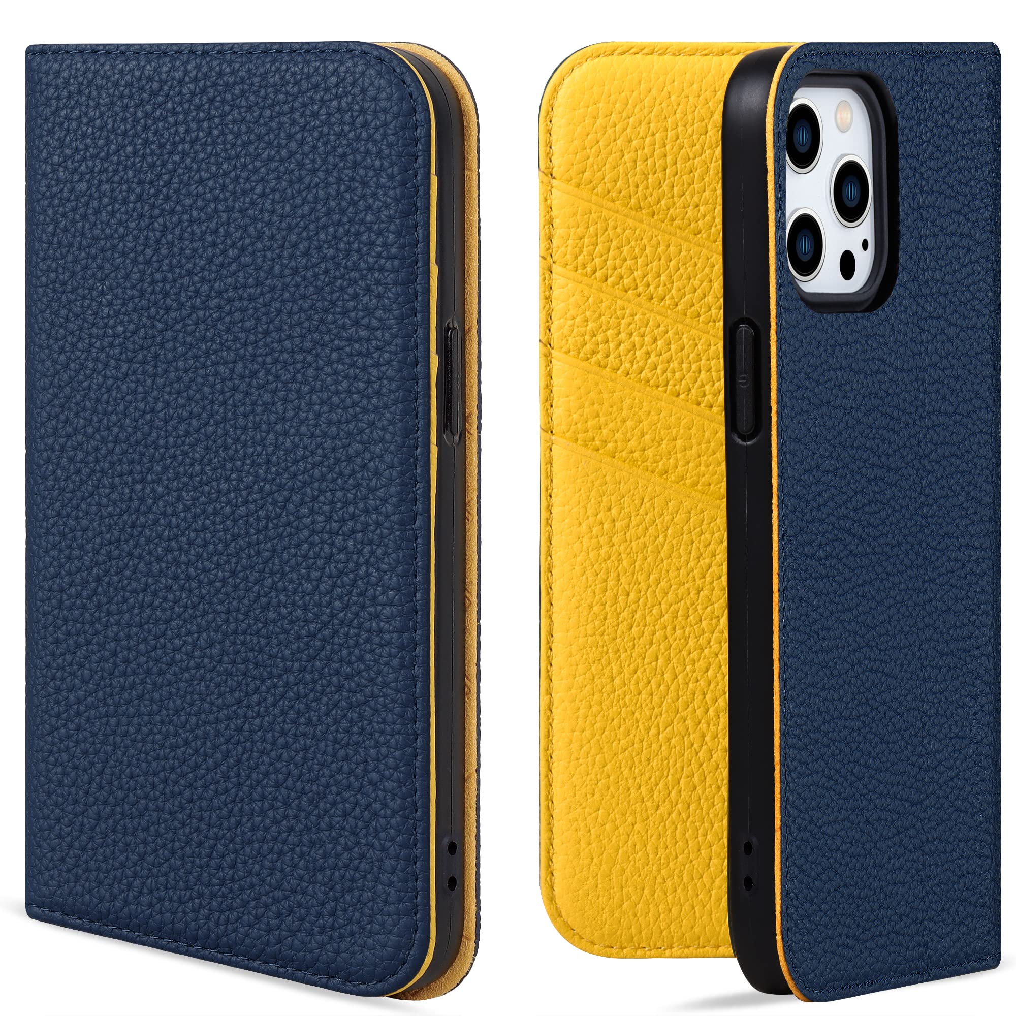 VISOUL iPhone12 ProMax 対応 ケース 手帳型 本革 全面保護 アイフォン12ProMaxケース レザー カード収納 マグネット式 横置きスタンド機能付き 6.7in アイホン12ProMax ネイビー レモン