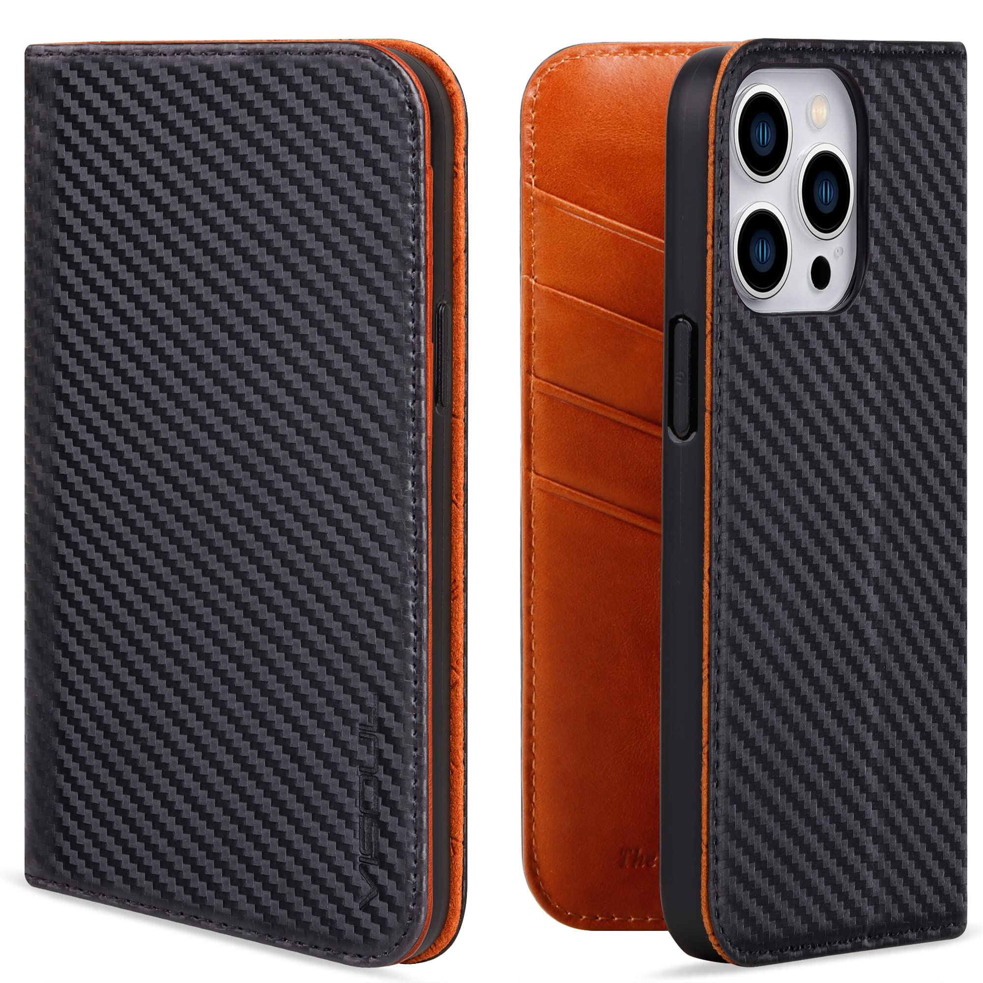 VISOUL iPhone14 Pro Max ケース 手帳型 本革 レザー スマホケース 手帳ケース カード収納 携帯ケース 全面保護 マグネット 横置きスタンド 6.7インチ 対応 (オレンジ)