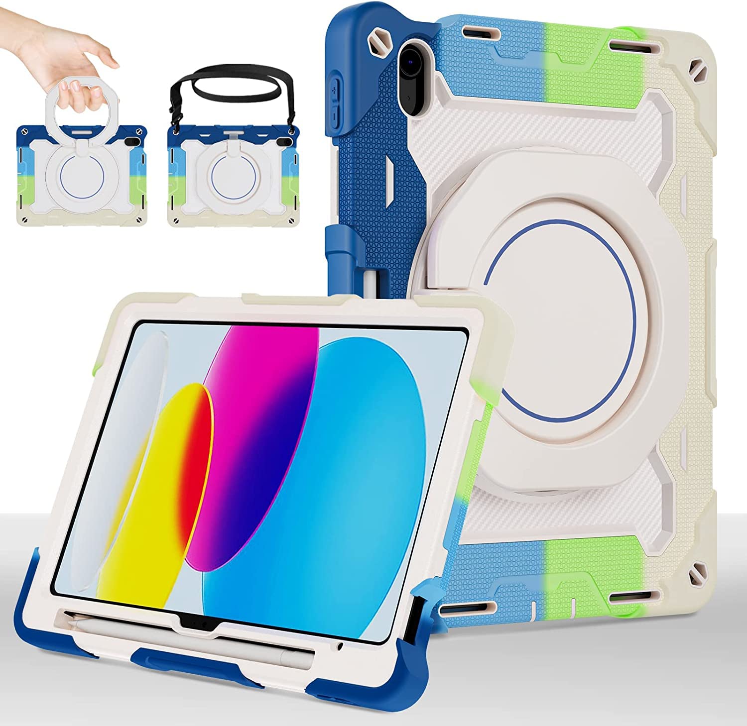 Rakuten - 緃置き iPad(A16) 11インチ 第11世代/iPad 10世代 ケース 耐衝撃 肩ショルダー付き 360°回転 スタンド ペン 収納 シリコン ハード 防塵 かわいい アイパッド10 11カバー キッズ 子供, カラフル-ブルー