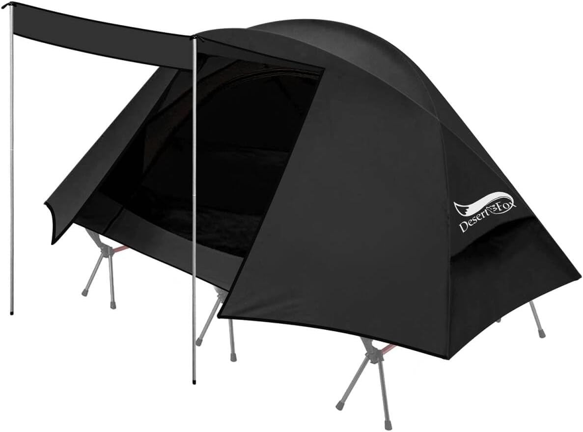 DesertFoxテント コット用 テント 1人用 ソロ 4000mm耐水圧 前室あり キャンプ コンパクト 軽量 3 WAY タイプ 撥水加工素材 自立式 二重層構造 4シーズン 簡単設営 UVカット 通気防風防雨 収納袋付き DRZ (くろ, S)（楽天・Mr HedgeHog）