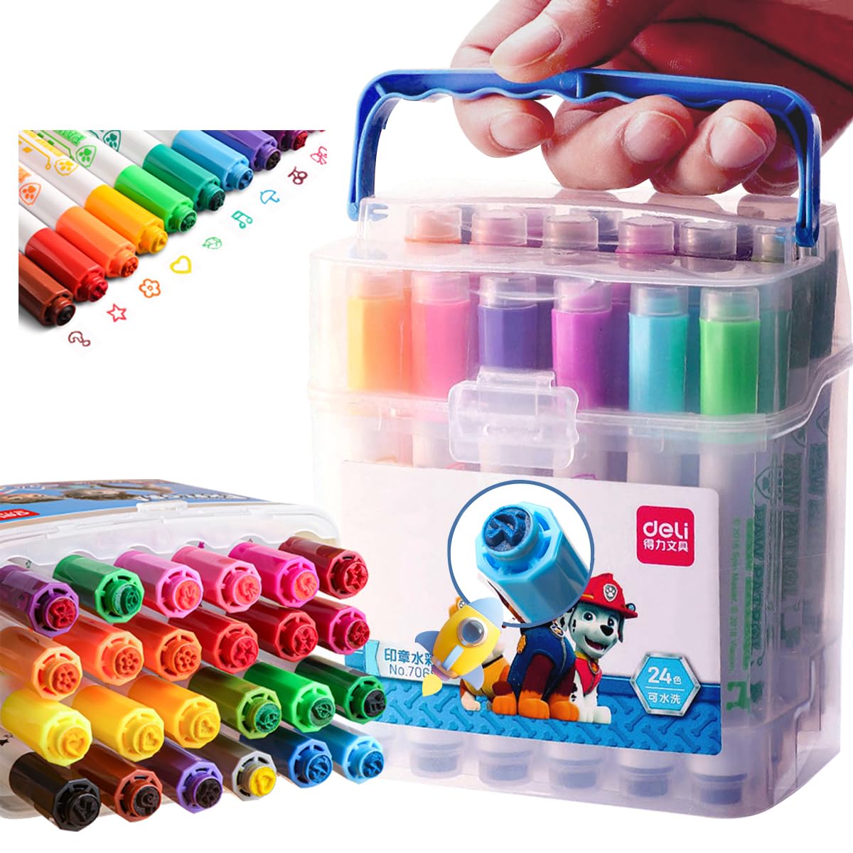 DELI 水性ペン 24色 アートマーカー 子供用の太い丸ポール 漫画シールペンキャップ スムーズな色の塗布 手を汚さずに速乾 水性ペン ウォッシャブルカラーペ...