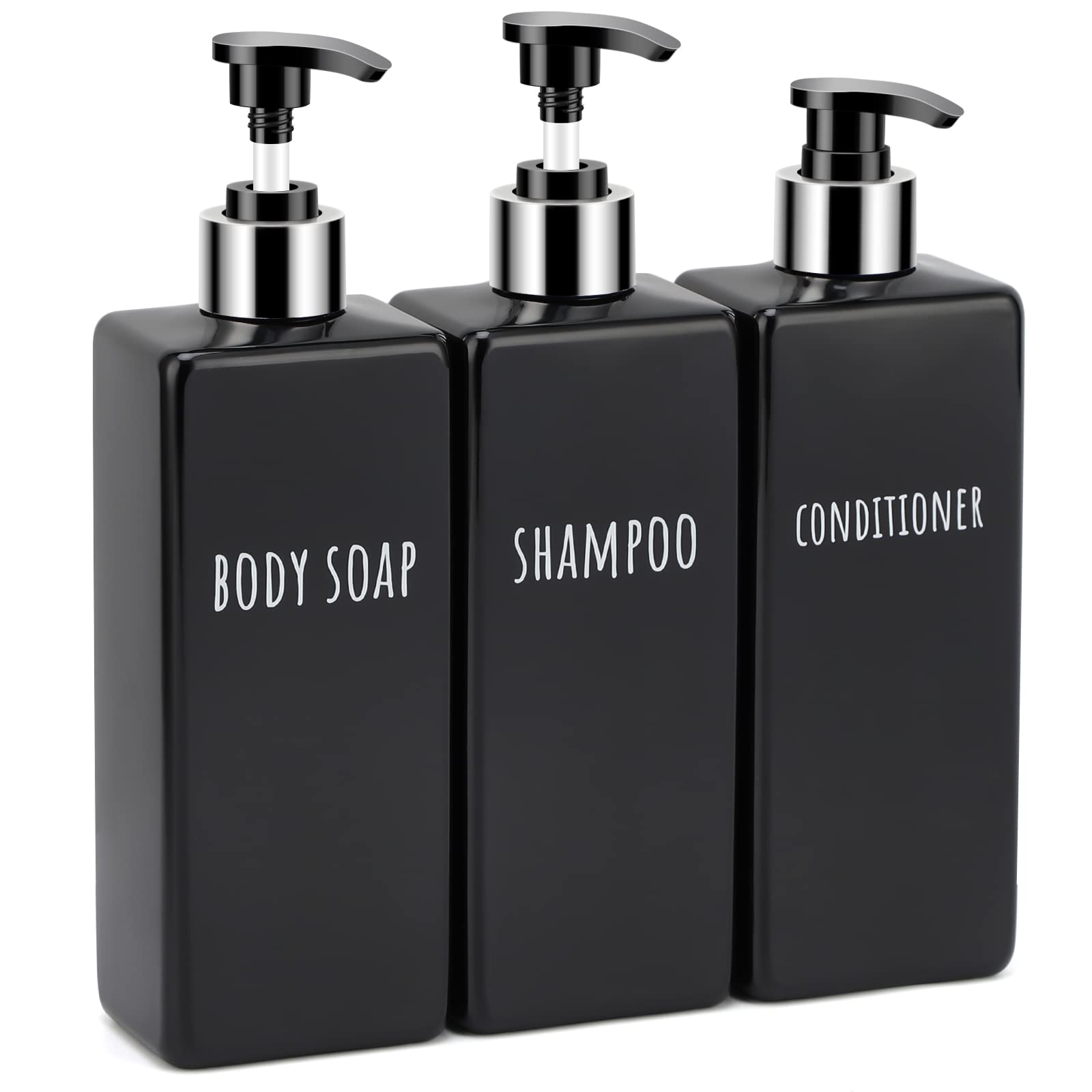 Segbeauty シャンプーボトル ディスペンサー 詰め替えボトル 3本セット 500ml 黒い ブラック 方形 容器 大容量 おしゃれ 漏れ防止 簡単取り付け 浴室 洗面所 アルコール 洗濯洗剤 食器用洗剤 適用